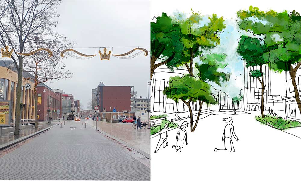 Mogelijke inrichting Griftpark-Hofstraat. Dit toekomstbeeld dient als inspiratie voor de verdere uitwerking.